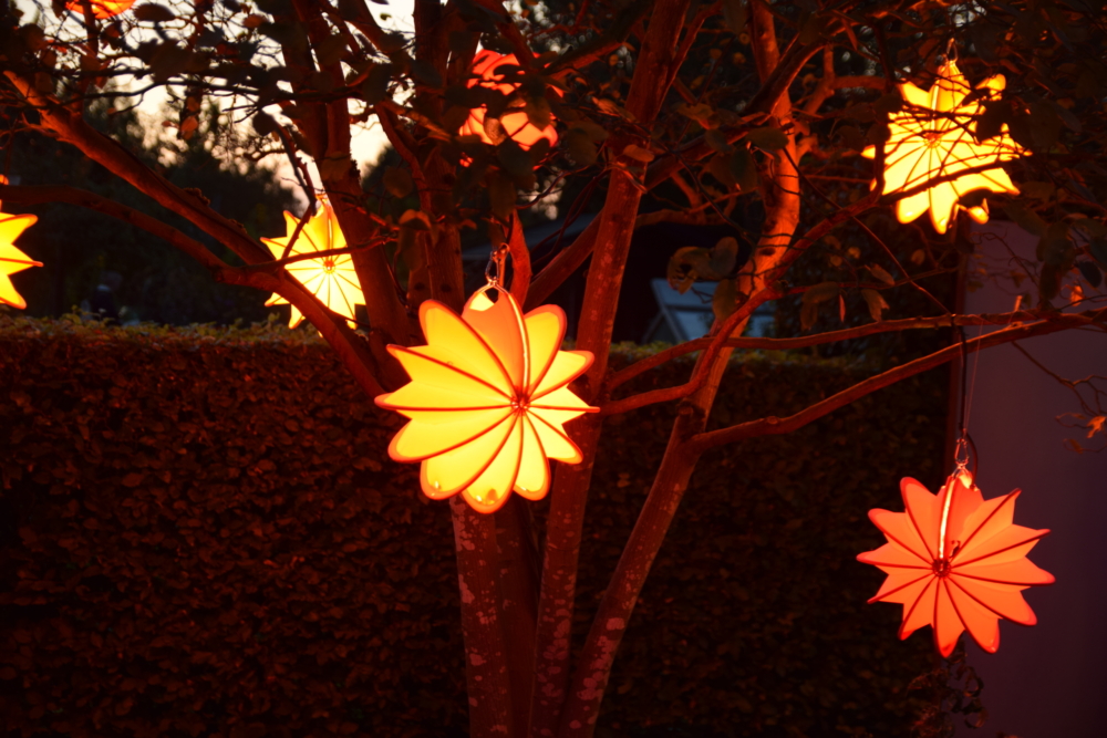 Barlooon Lampions in gelb, orange und rot mit Lichtinstallation beim Park der Gärten bei Dunkelheit im Baum.robust Lampion 2 Barlooon Lampions in gelb, orange und rot mit Lichtinstallation beim Park der Gärten bei Dunkelheit im Baum.