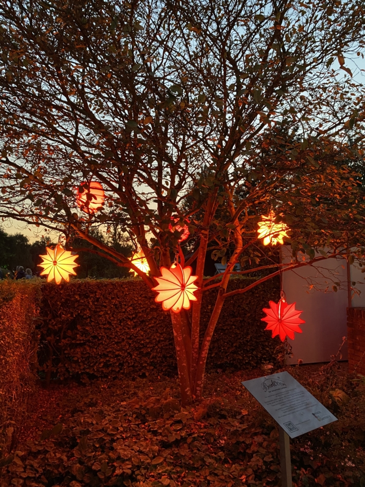 Barlooon Lampions in gelb, orange und rot mit Lichtinstallation beim Park der Gärten bei Dunkelheit. Barlooon Lampions in gelb, orange und rot mit Lichtinstallation beim Park der Gärten bei Dunkelheit.